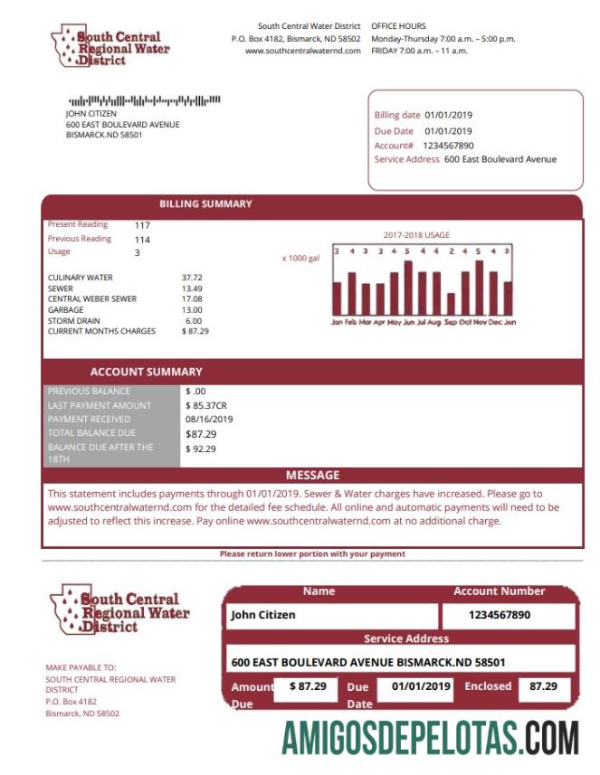 realista Modelo de conta de serviços públicos do distrito regional de água centro-sul da Dakota do Norte dos EUA em formato Word e PDF